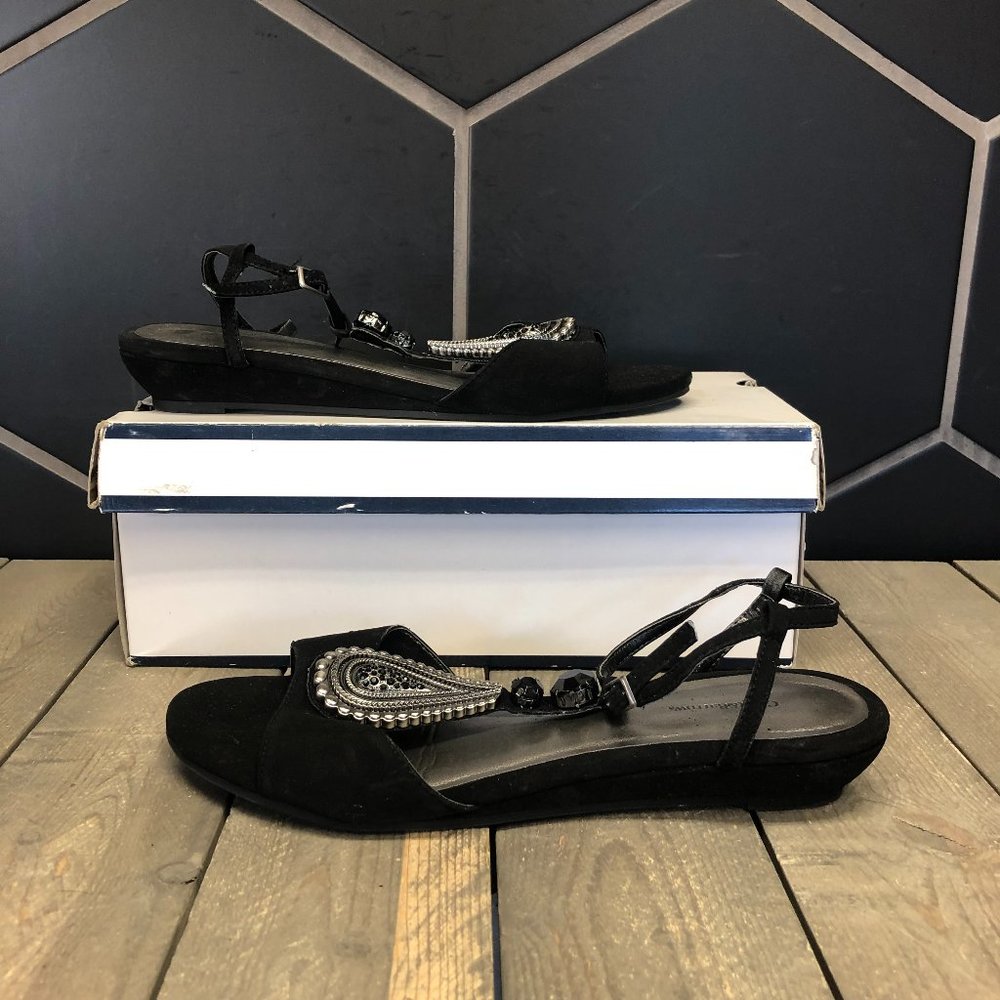 <Used Womens Croft & Barrow Celeste Black Open Toe Flat Sandals Fancy Size 9